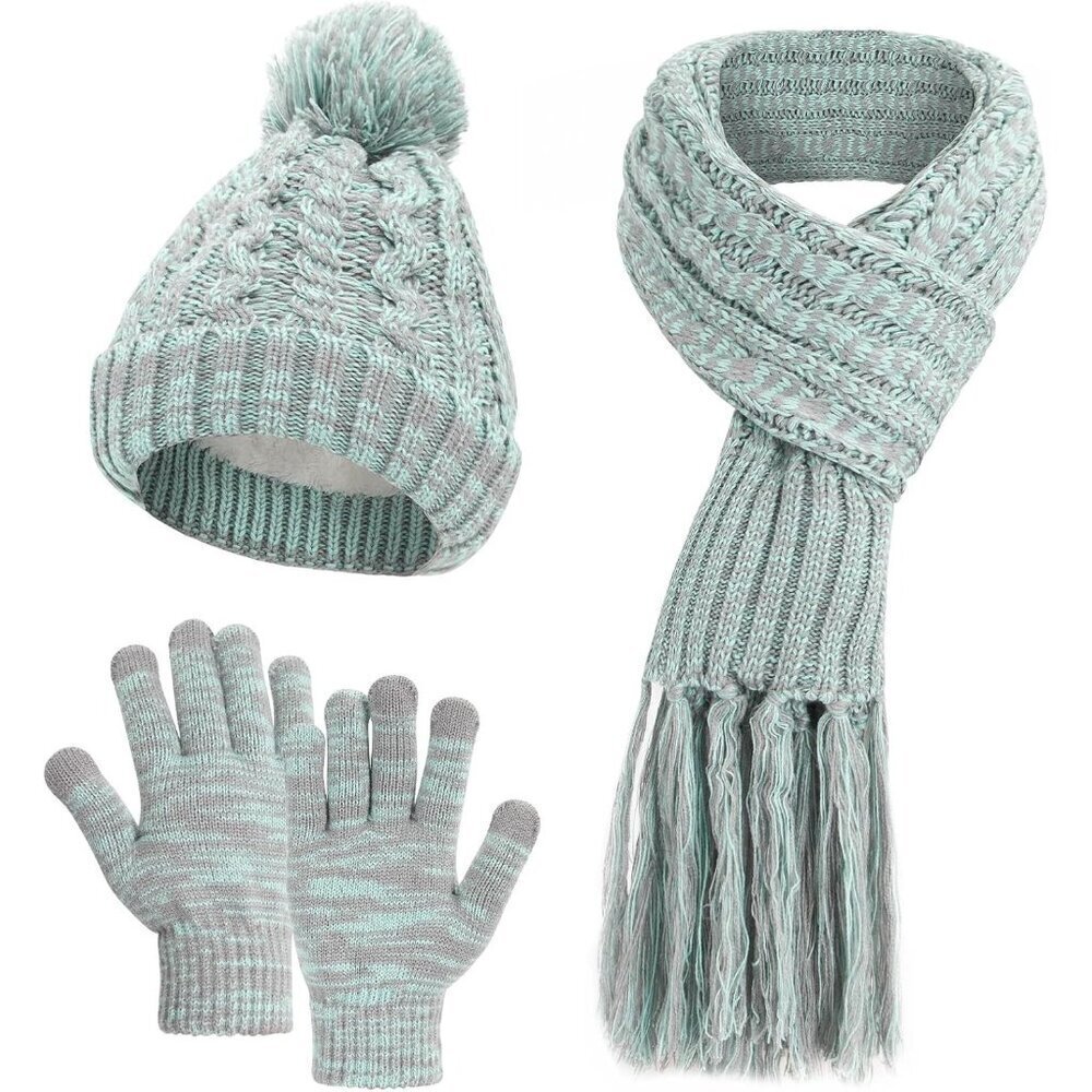 Winter Beanie Hat Scarf and Gloves Set for Women Warm Chunky Knitted Pom Cap